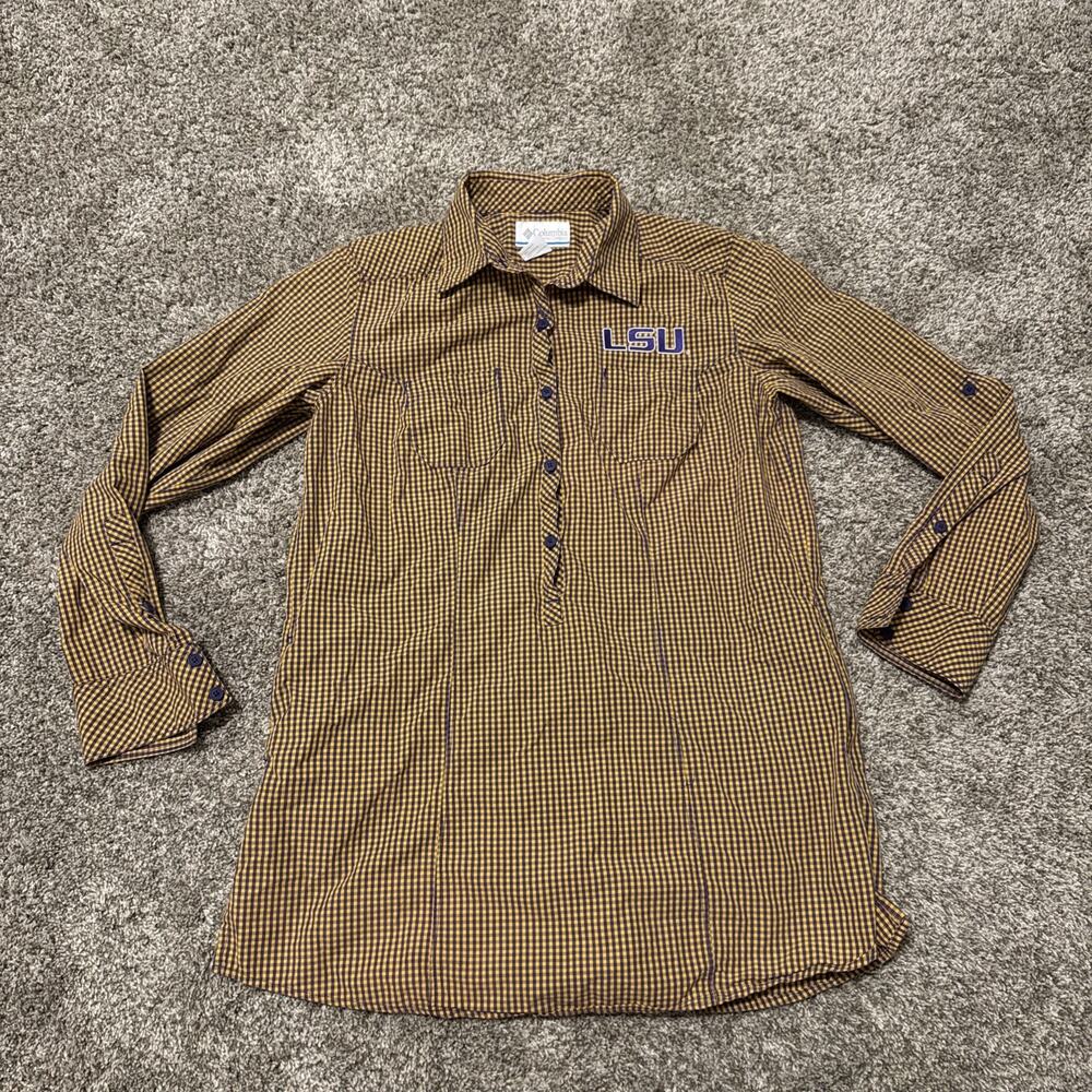 Womens Columbia LSU Plaid Long Length Long Sleeve Shirt Size L Button Adjustable